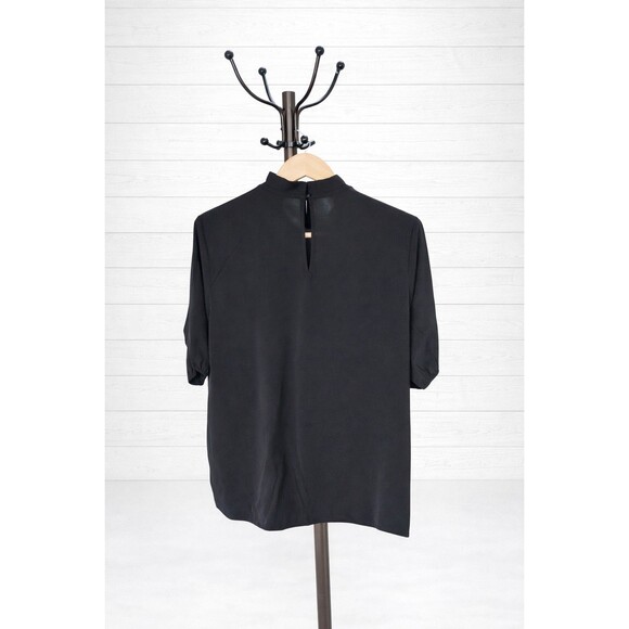 Highneck Ruffle Puff Short Short Sleeve Black Blouse Large - Picture 6 of 6